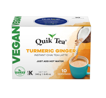 Quiktea Vegan Turmeric Ginger Chai Tea Latte Mix - 10 Count Single Box - All Natural, Non Gmo, Vegan Certified | Convenient & Easy Dairy Free Instant Chai Tea Mix | Healthy Coffee Alternative