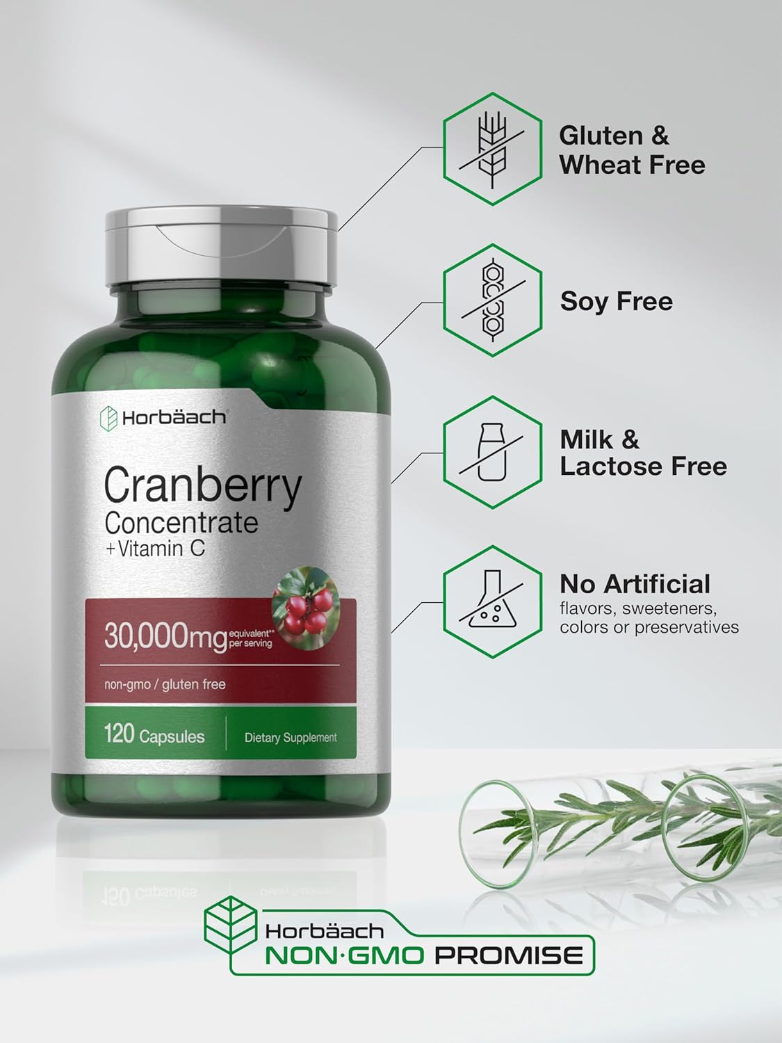 Horbäach Cranberry Concentrate Extract Pills + Vitamin C | 30,000mg | 120 Capsules | Triple Strength Ultimate Potency Formula | Non-GMO and Gluten Free Supplement : Health & Household