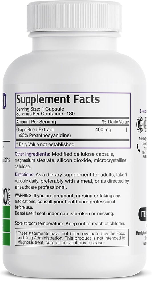 Bronson Grape Seed Extract 400 Mg - Antioxidant & Immune Support - Standardized Extract With 95% Proanthocyanidins- Non Gmo, 180 Vegetarian Capsules