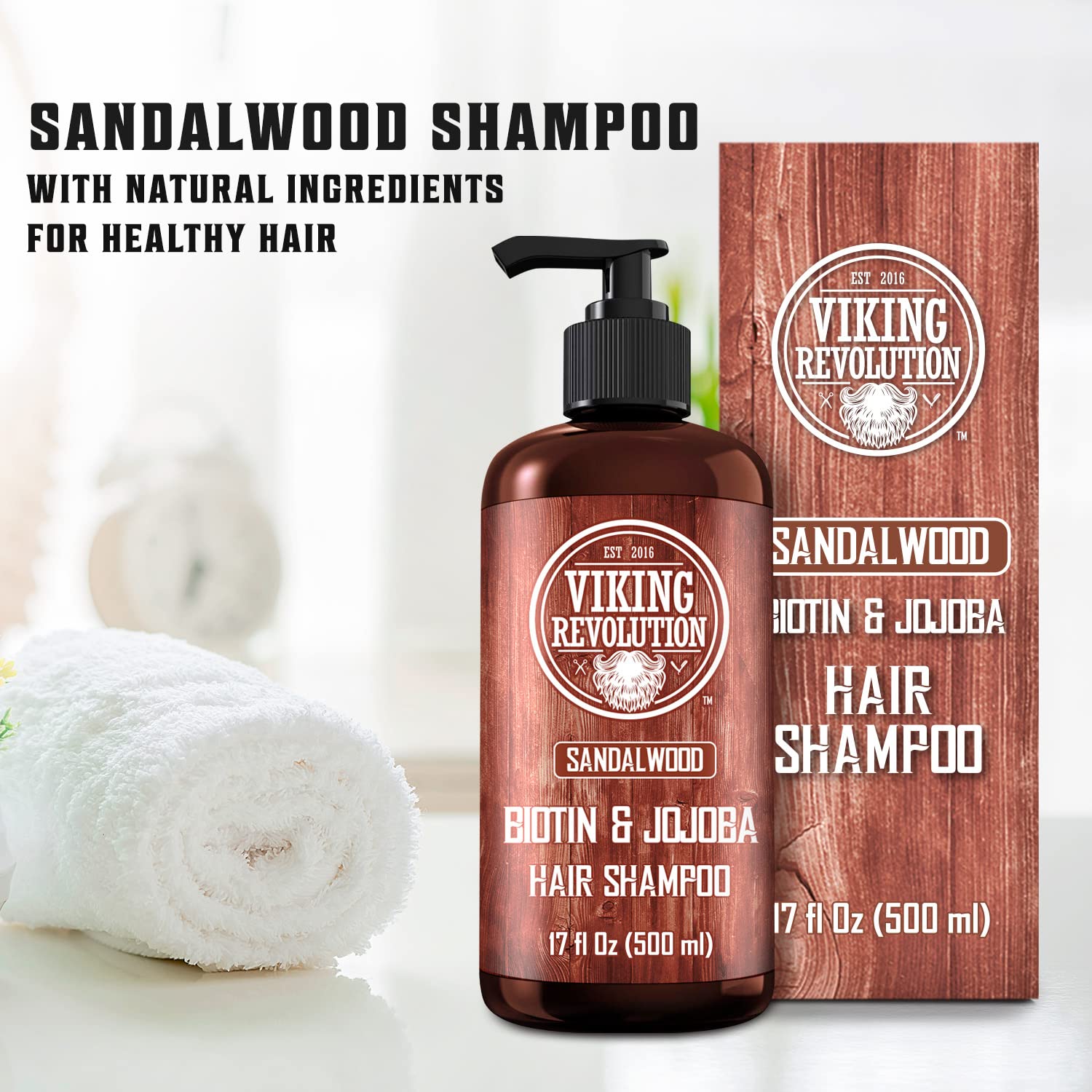 Viking Revolution Sandalwood Men's Shampoo with Biotin and Jojoba Oil - Men Shampoo Natural Hair Shampoo for Men with Vitamin B5 - Hair Loss Shampoo for Mens Shampoo for Thinning Hair (17 Oz) : Beauty & Personal Care