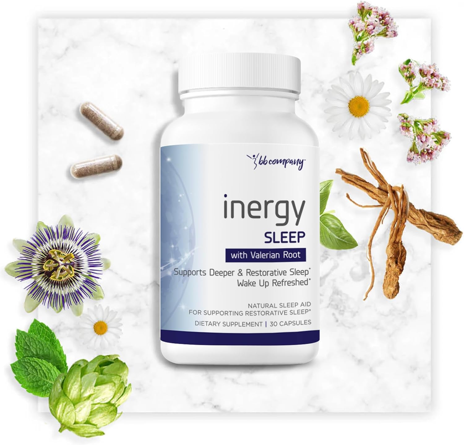 Bb Company Inergysleep | Natural Sleep Supplement & Sleep Aid For Deep Sleep, Helps To Calm & Relax | Magnesium, Lemon Balm, Black Cohosh, Gaba, Holy Basil | Packaging Vary | 60 Ct