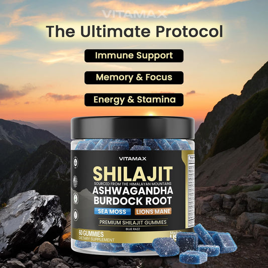 Organic Shilajit Gummies, Sea Moss, Ashwagandha, 105+ Trace Minerals – Organic Burdock Root & Lions Mane Mushroom - Blue Razz – Vegan & Non-Gmo – Made In Usa – 60Ct
