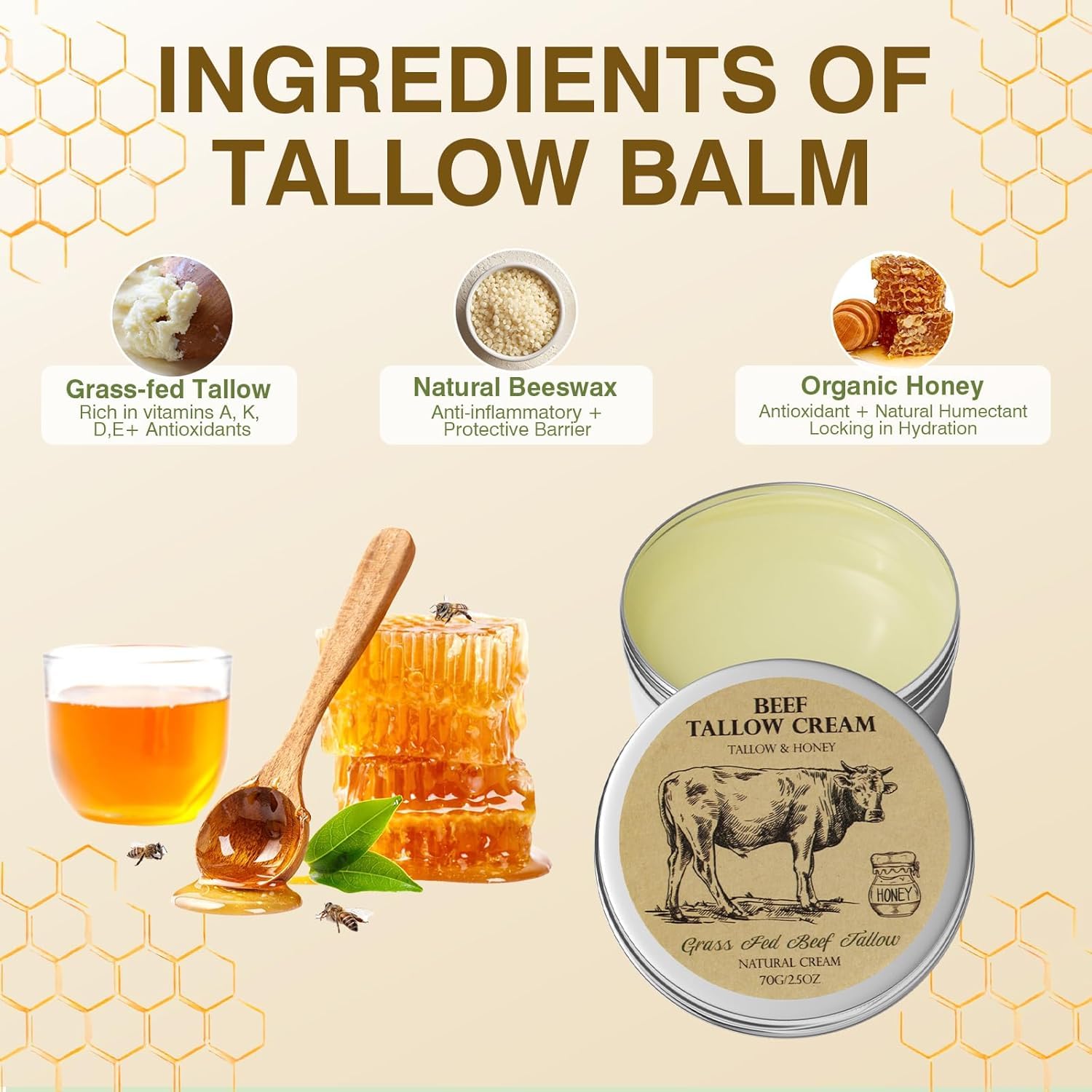 Mrouvik Beef Tallow For Skin, Tallow And Honey Cream,Tallow Face Moisturizer, Natural Grass-Fed Beef Tallow Balm With Raw Honey Moisturizing Cream For Body Lotion Skin Care For Skin (2.47 Oz) : Beauty & Personal Care