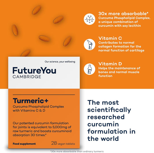 Turmeric+ Supplement – 28 Turmeric Tablets 30X More Absorbable – Curcumin Tablet Patented Meriva Formulation With Vitamins C – Turmeric Tablets For Bones, Joints & Muscles By Futureyou Cambridge