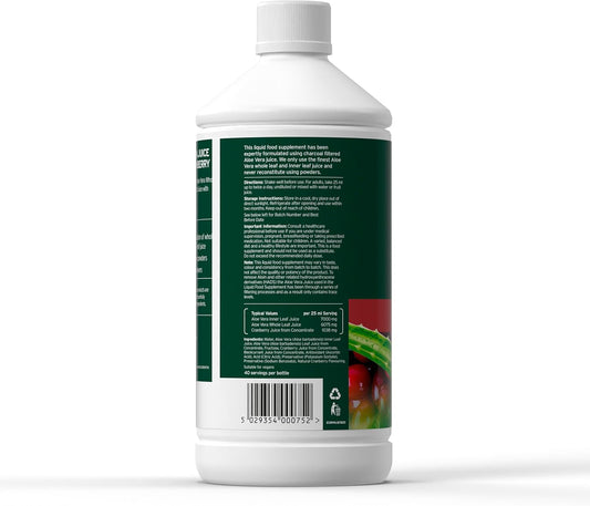 Aloe Pura Aloe Vera Juice With Cranberry, Natural, Vegan, Cruelty Free, Food Supplement, 1Ltr