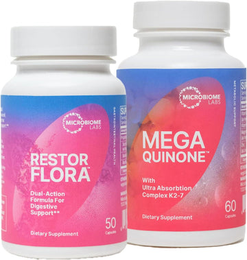 Microbiome Labs Restorflora Spore & Yeast Probiotics Supplement (50 Capsules) + Megaquinone K2-7 Complete Vitamin K Supplement Vitamin K1 & K2 Mk-7 K2 With Magnesium & Zinc (60 Capsules) - 2 Products