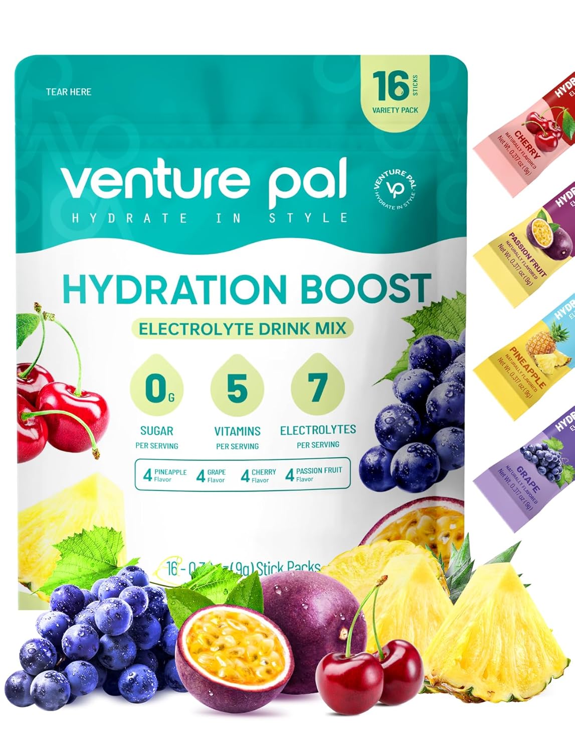 Venture Pal Sugar Free Electrolyte Powder Packets - Liquid Daily Iv Drink Mix For Rapid Hydration & Party Recovery | 5 Vitamins & 7 Electrolytes| Keto Friendly | Non-Gmo | Certified Vegan | 16 Sticks