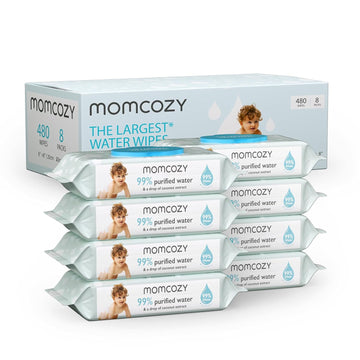 Baby Wipes, Momcozy Water Wipes-Extra Large Size Design, 99% Water Based Wipes, Unscented & Hypoallergenic, Cleansing & Moisturizing Baby Wipes For Sensitive Skin, 8 Flip-Top Packs (480 Wipes Total)