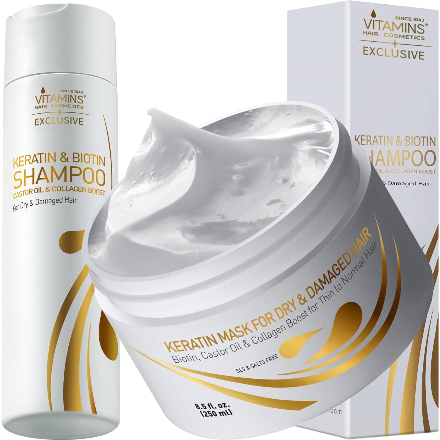 Vitamins Keratin Shampoo and Hair Mask Kit - Salon Protein Shampoo and Deep Conditioner Hair Mask Set for Thin Fine Hair - Pro Treatments for Dry Damaged Color Treated Hair