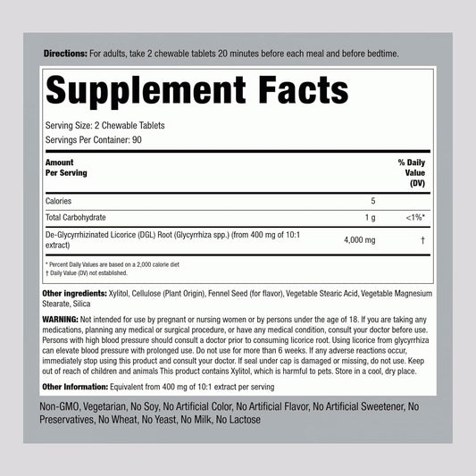 Piping Rock DGL Licorice Chewable Tablets 4000mg | 180 Count | Mega Potency Deglycyrrhizinated | Herbal Extract Supplement | Vegetarian, Non-GMO