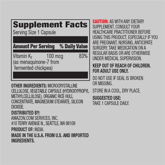 Amazon Elements Vitamin K2 100 Mcg, Vegan, 65 Capsules, 2 Month Supply (Packaging May Vary)