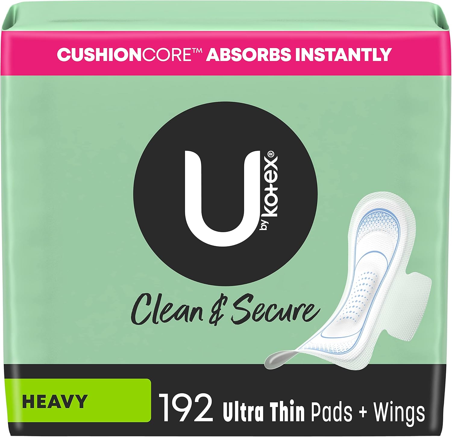 U By Kotex Clean & Secure Ultra Thin Pads With Wings, Heavy Absorbency, 192 Count (6 Packs Of 32) (Packaging May Vary)