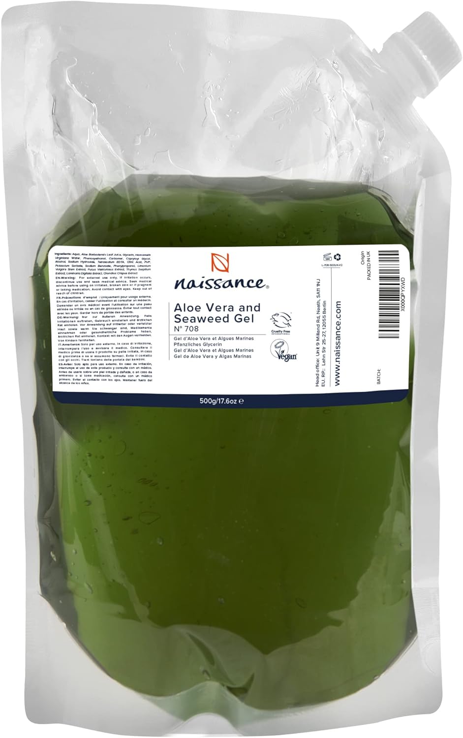 Naissance Aloe Vera and Seaweed Gel (No. 708) - 500g - ECO Refill Pouch - Cruelty Free and Vegan - Cooling, Soothing and Moisturising for All Skin Types