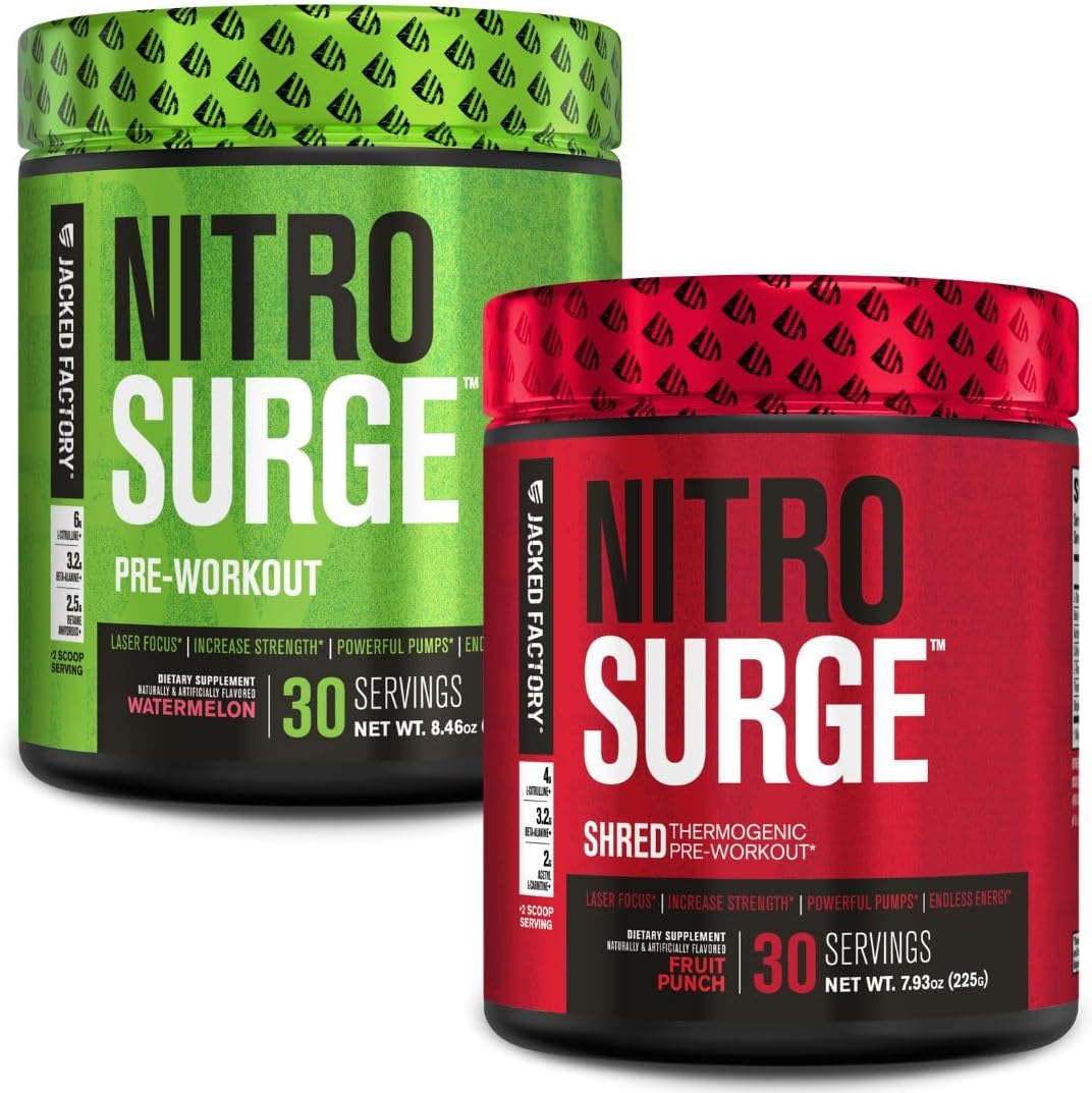 Jacked Factory Nitrosurge Pre-Workout In Watermelon & Fruit Punch Nitrosurge Shred Thermogenic Pre-Workout For Men & Women