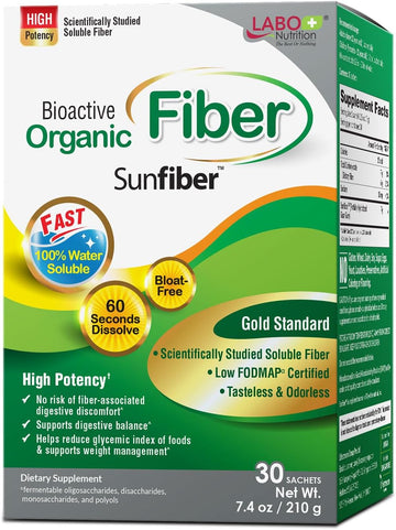 Labo Nutrition Bioactive Organic Fiber – Sunfiber Phgg Soluble Prebiotic Fiber For Digestive Regularity & Gut Health – Partially Hydrolyzed Guar Gum, Low Fodmap, Unflavored, Vegan, Non-Gmo, 30 Sachets