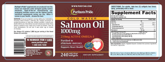 Puritan's Pride Omega-3 Salmon Oil(210 Mg Active Omega-3), 1.1000 Mg, 240 Count : Health & Household