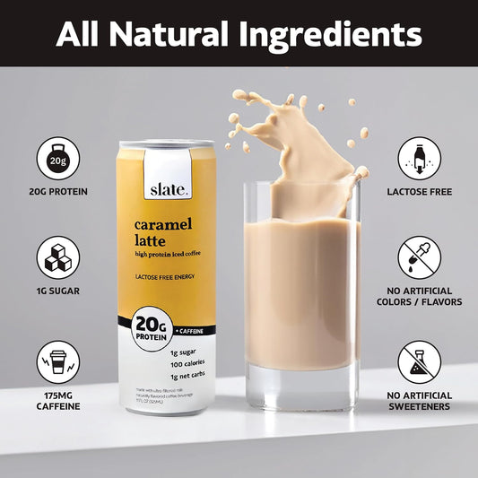 Slate Milk - High Protein Iced Coffee - Caramel Latte - 175Mg Caffeine, Lactose Free Energy - 20G Protein, 1G Sugar, 100 Calories, 1G Net Carbs, No Sugar Added - Protein Coffee - 11 Fl Oz, 12 Cans