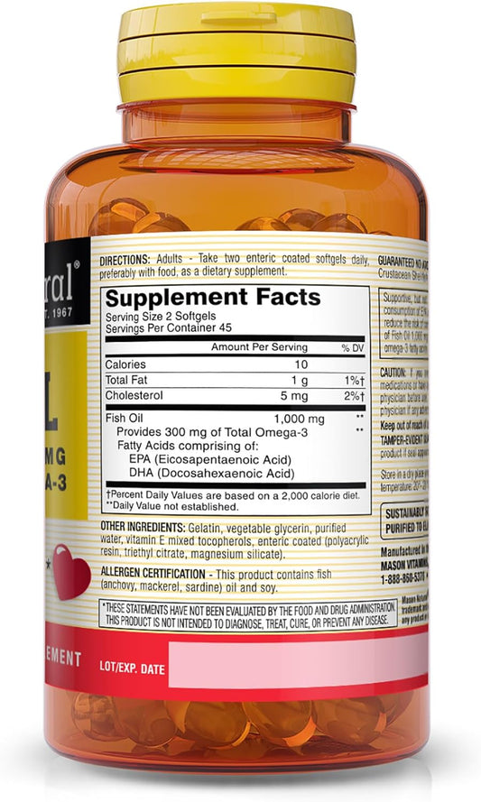 Mason Natural, Omega-3 Fish Oil, 1000 Mg, 90 Softgels, Dietary Supplement with Omega Fatty Acids from Fish Oil, Supports Heart and Joint Health