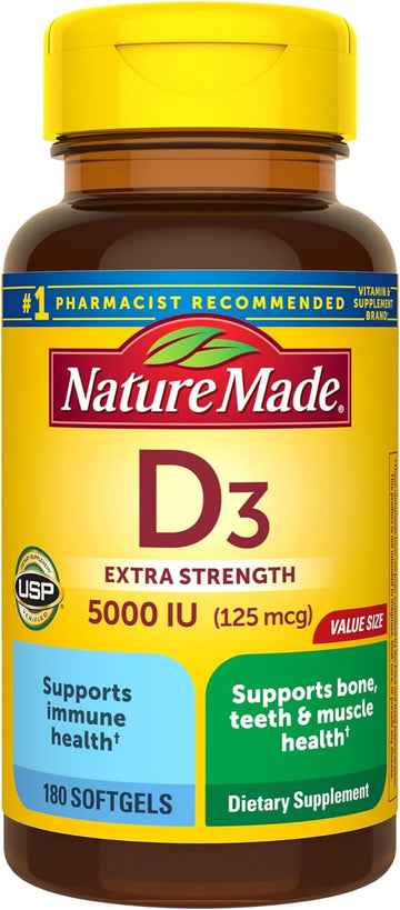 Nature Made Extra Strength Vitamin D3 5000 Iu (125 Mcg), Dietary Supplement For Bone, Teeth, Muscle And Immune Health Support, 180 Softgels, 180 Day Supply