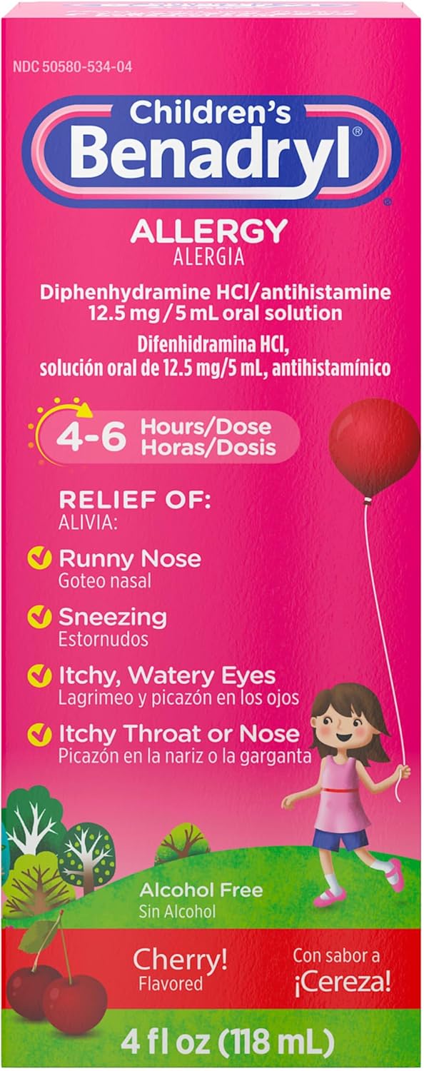 Benadryl Children'S Dye-Free Allergy Relief Liquid + 12.5 Mg Diphenhydramine Hcl, Antihistamine Allergy Medicine For Kids Helps Relieve Runny Nose & Sneezing, Bubble Gum Flavor, 8 Fl. Oz