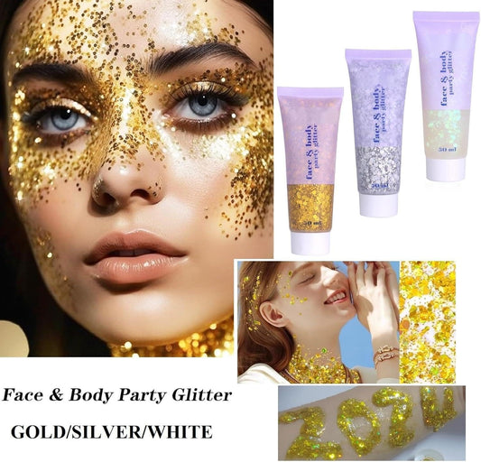 Body Glitter Gel Set, 3 Pcs Face Glitters Body Gel Sequins Shimmer Liquid Eyeshadow, Mermaid Sequins Liquid Holographic Chunky Glitter For Face Hair Nails(Gold,Silver,White)