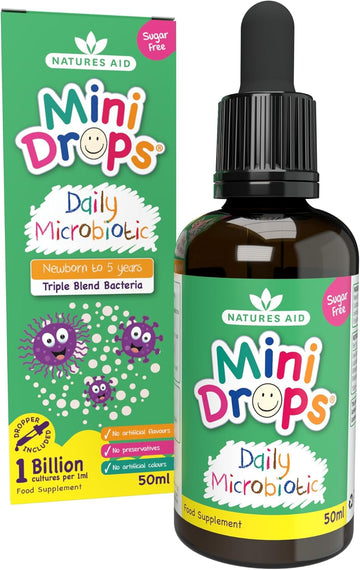 Natures Aid Mini Drops Daily Microbiotic 50Ml Liquid Drops – Gentle Gut Bacteria Support For Babies & Toddlers 0-5 Years, 1 Billion Cfu Live Cultures Per Serving - Sugar-Free, Gluten-Free, Dairy-Free