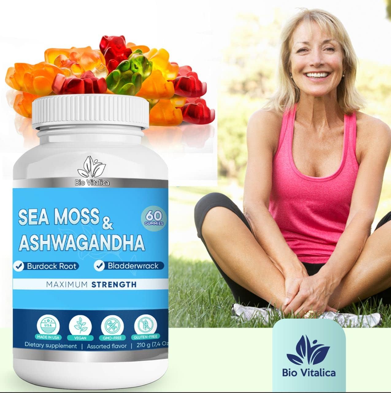 Bio Vitalica Sea Moss Ashwagandha Gummies - Organic Irish Seamoss & Ashwagandha Root Supplements For Supporting Energy & Immunity For Men & Women, 60 Vegan Gummies : Health & Household