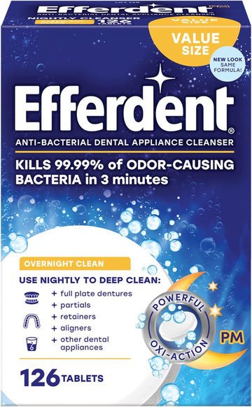 Efferdent Retainer Cleaning Tablets, Denture Cleanser Tablets For Dental Appliances, Overnight Whitening, 126 Tablets