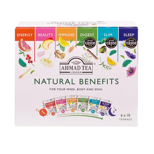 Ahmad Tea Natural Benefit Functional Tea Selection Pack | Green Teas, Fruit & Herbal Infusions | Perfect Herbal Tea Gift - 60 Teabag Sachets | 6 Blends