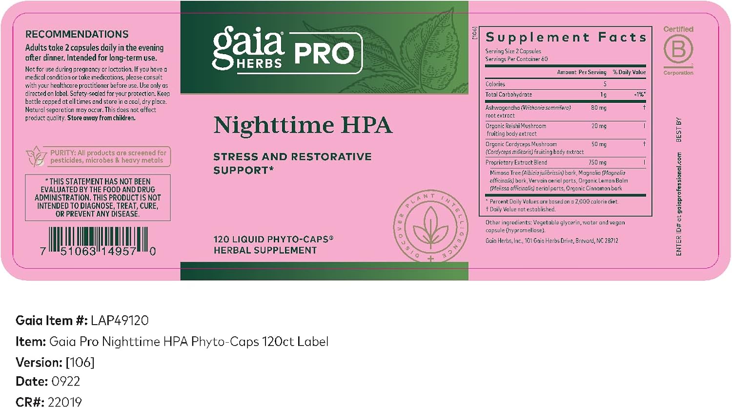Gaia Herbs Professional Solutions HPA Axis Liquid Capsules, Sleep Cycle, 120 Count : Health & Household
