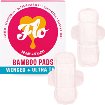 FLO Organic Bamboo Sanitary Period Pads with Wings - 100 Percent Organic, Soft, Silky, Ultra-Absorbent & Biodegradable - Ultra-Thin - Combo Pack 10 Day & 5 Night Pads