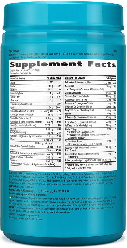 Gnc Total Lean | Lean Shake Burn, Protein Powder | Hunger Satisfying, High Protein Blend, Proven To Burn 3X More Calories | Strawberry | 16 Servings