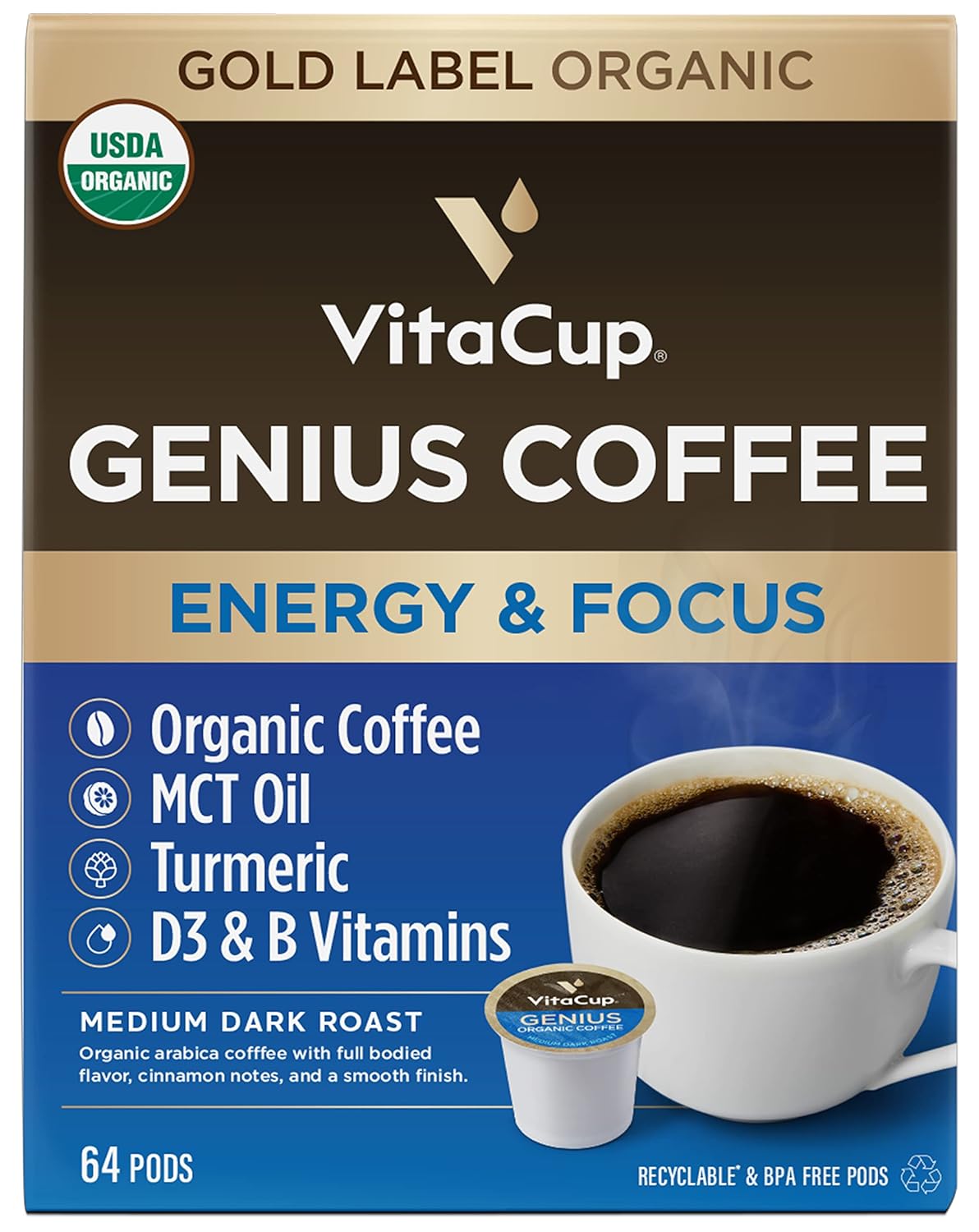 Vitacup Organic Genius Keto Coffee Pods, Increase Energy & Focus W/Mct Oil, Turmeric, B Vitamins, D3, Medium Dark Roast, Bold, Smooth, Single Serve Pod Compatible W/Keurig K-Cup Brewers,64 Ct