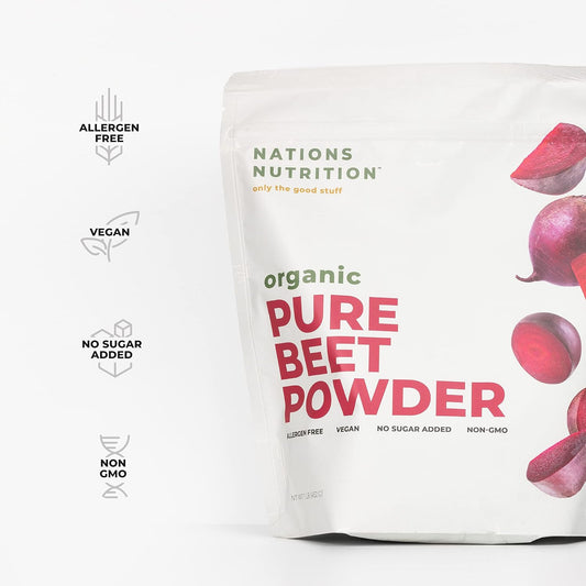 Nations Nutrition Pure Beet Root Powder Organic - Nitric Oxide Circulation Superfood, Supports Blood Flow & Heart Health - Increase Stamina & Natural Energy, 30+ Servings (1 LB Bag)