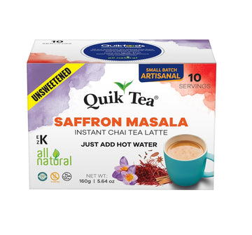 Quiktea Unsweetened Saffron Masala Chai Tea Latte Powder- 10 Count Single Box - All Natural Sugar Free Instant Chai Tea Mix- Just Add Hot Water (Regular) | Healthy Coffee Alternative