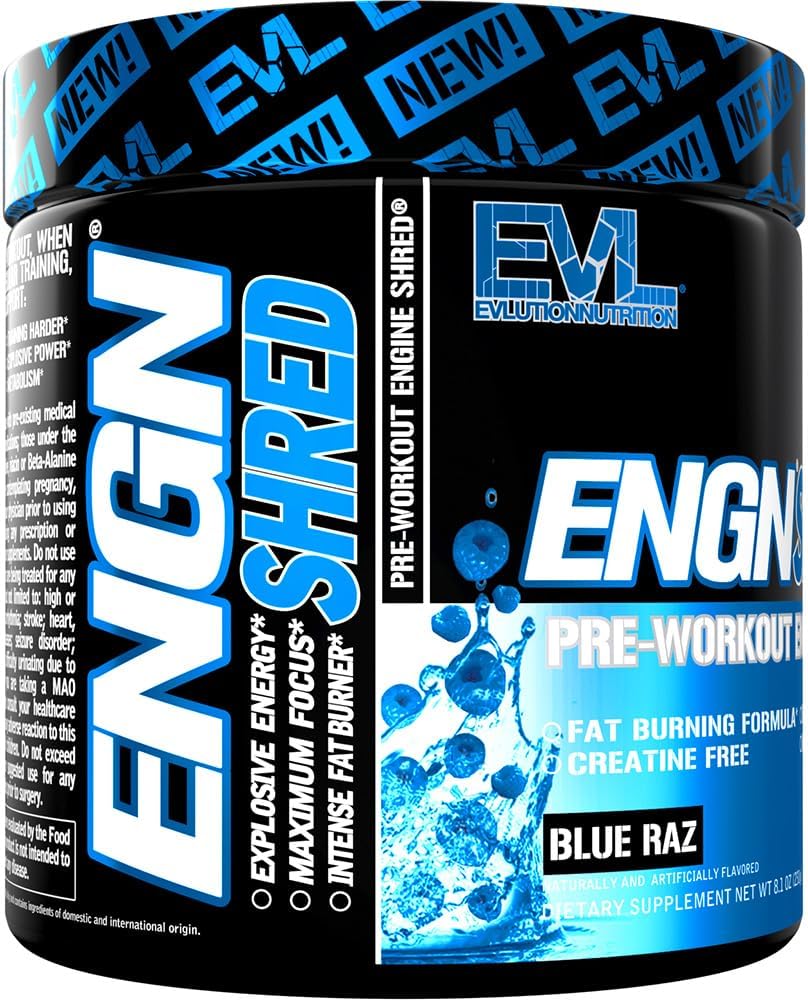 EVL Ultimate Pre Workout Powder - Thermogenic Fat Burn Support Preworkout Powder Drink for Lasting Energy Focus and Stamina - ENGN Shred Intense Creatine Free Preworkout Drink Mix - Blue Raz : Health & Household