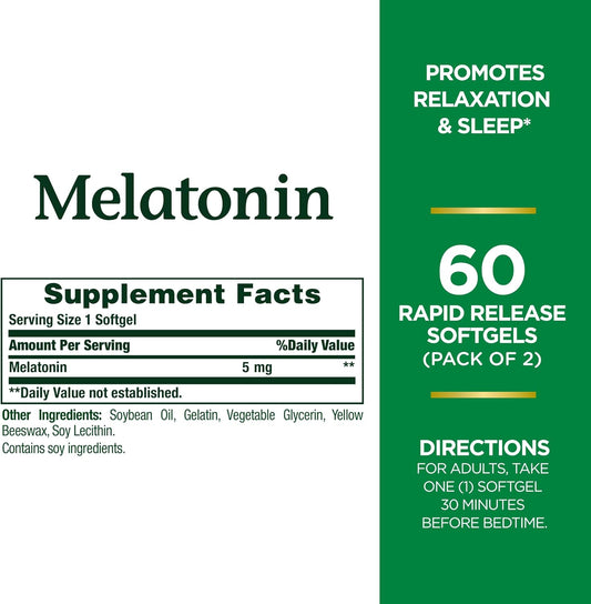 Nature'S Bounty Melatonin 5Mg, 100% Drug Free Sleep Aid, Dietary Supplement For Relaxation And Sleep Health - 4 Month Supply, 60 Rapid Release Softgels Twin Pack (120Ct)