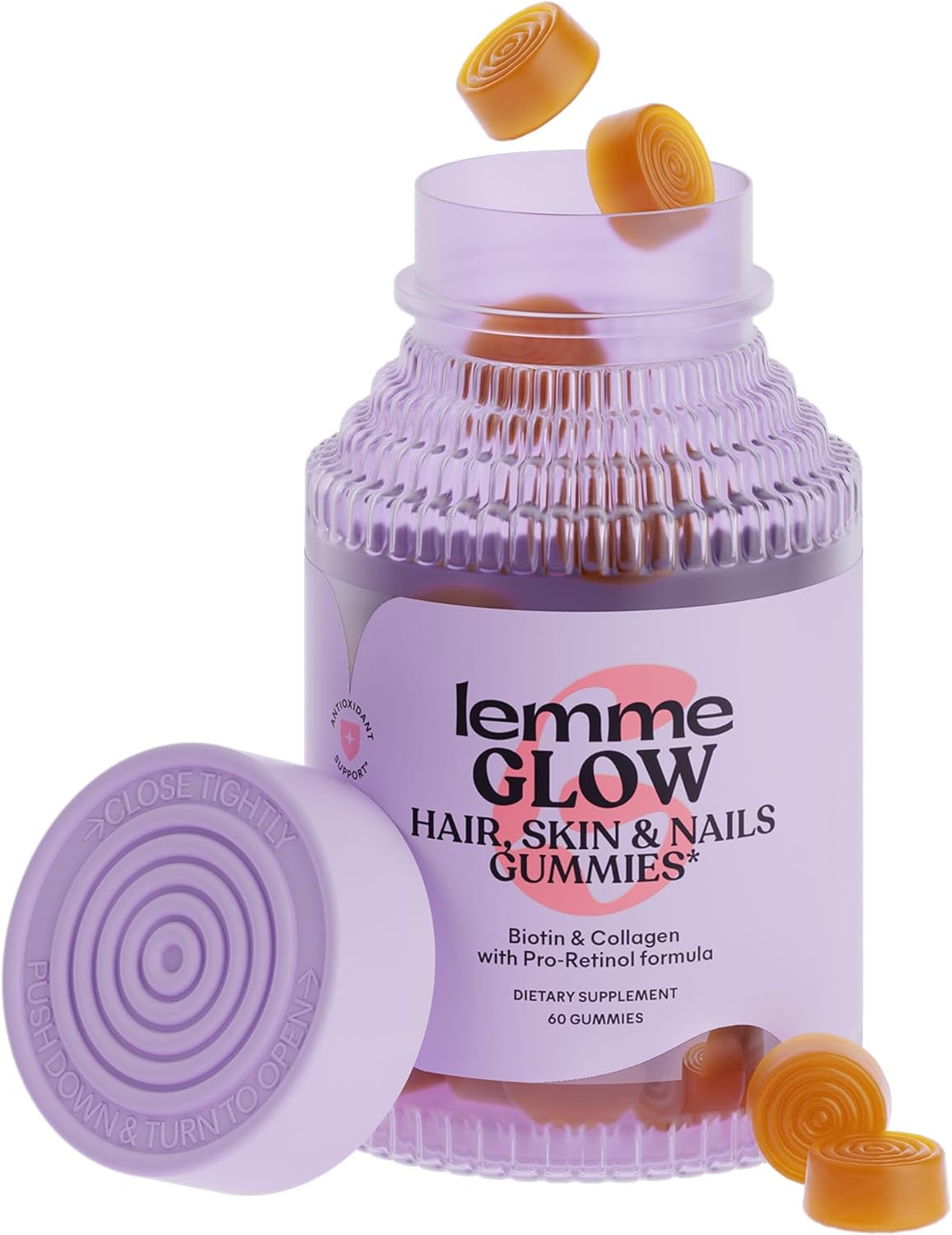 Lemme Glow Collagen Hair Gummies for Strong, Thick Hair & Reduced Shedding with Multi-Collagen Peptides, Biotin, Trace Minerals, Zinc, Vitamins A, C & E, Dairy & Gluten Free, Peach Flavor, 60 ct