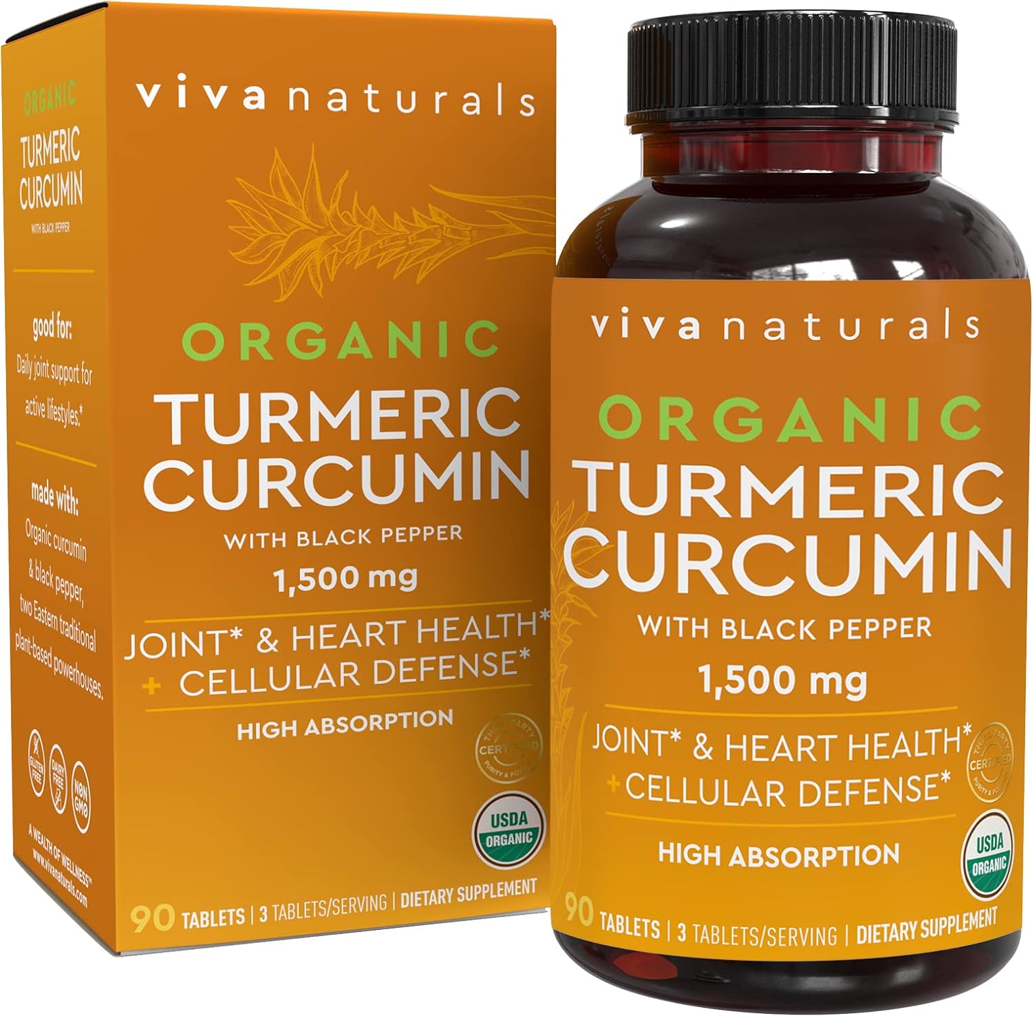 Viva Naturals Organic Turmeric Curcumin Supplement 1,500mg (90 Tablets), Turmeric Curcumin with with Black Pepper for Superior Absorption, High Potency Standardized to 95% Curcuminoids, Joint Support