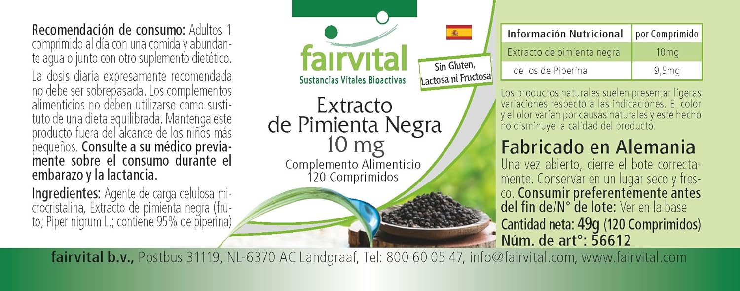 Fairvital | Black Pepper Extract 10 mg - 120 Tablets - 95% Piperine - for 4 Months - 100% Vegan - Quality Tested - Made in Germany : Amazon.co.uk: Health & Personal Care