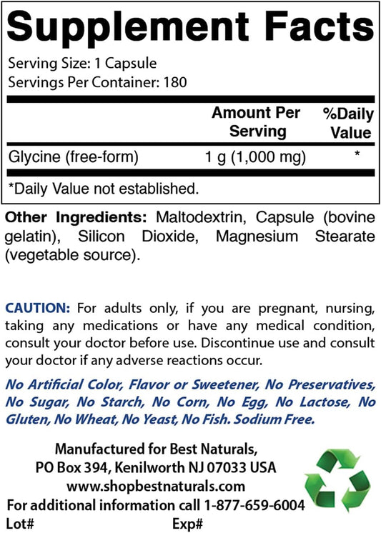 Best Naturals Glycine Supplement 1000 Mg For Energy Production, 180Count