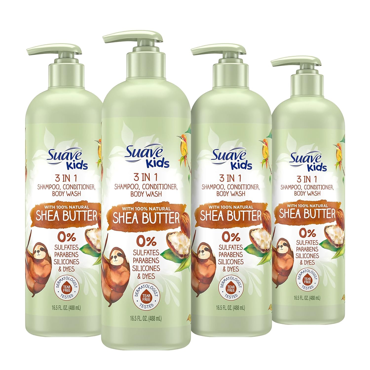 Suave Kids Natural Shea Butter 3-In-1 Tear Free, Body Wash, Shampoo And Conditioners, No Sulfates, No Parabens, No Silicones, No Dyes, 16.5 Oz Pack Of 4