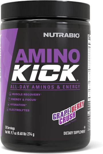 NutraBio Amino Kick - Amino Acid Energy Formula - BCAA's, Electrolytes for Hydration, Natural Caffeine- 30 Servings (Grape Berry Crush)