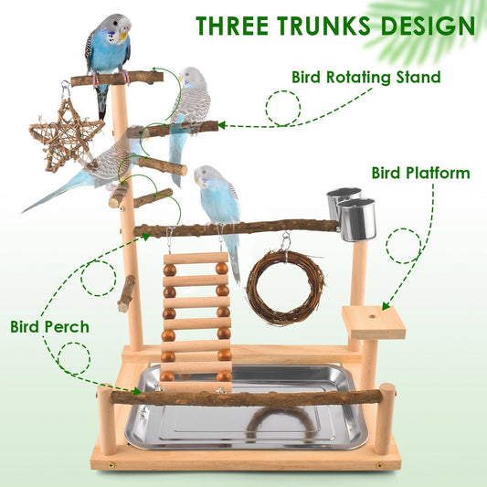 Katumo Bird Playground Bird Perch Stand Natural Parrot Playstand Parakeet Platform Conure Swing Toy Cockatiel Ladder Bird Cage Toys With Removable Tray And 2 Stainless Steel Cups