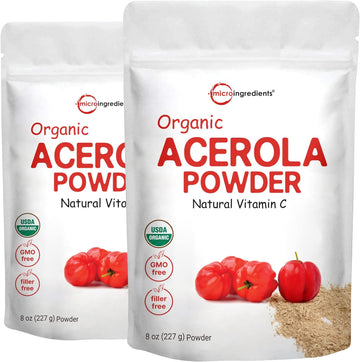 2 Pack Of Pure Usda Organic Acerola Cherry Powder, Natural And Organic Vitamin C For Immune System, 8 Ounce, No Gmo, No Gluten, Brazil Origin