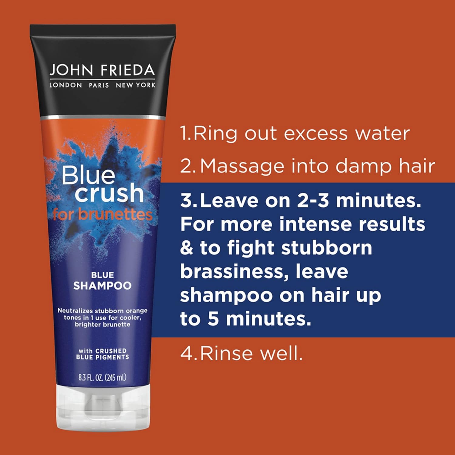 John Frieda Blue Crush Blue Shampoo and Conditioner Set for Brunettes, Crush Brassy Tones for Brunettes, 8.3 Fl Oz (Pack of 2) : Beauty & Personal Care