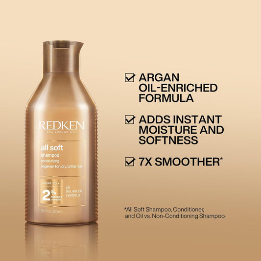 Redken All Soft Shampoo | Deeply Moisturizes and Hydrates | Softens, Smooths, and Adds Shine | Safe for Color-Treated Hair | Nourishing Shampoo for Dry Hair | With Argan Oil