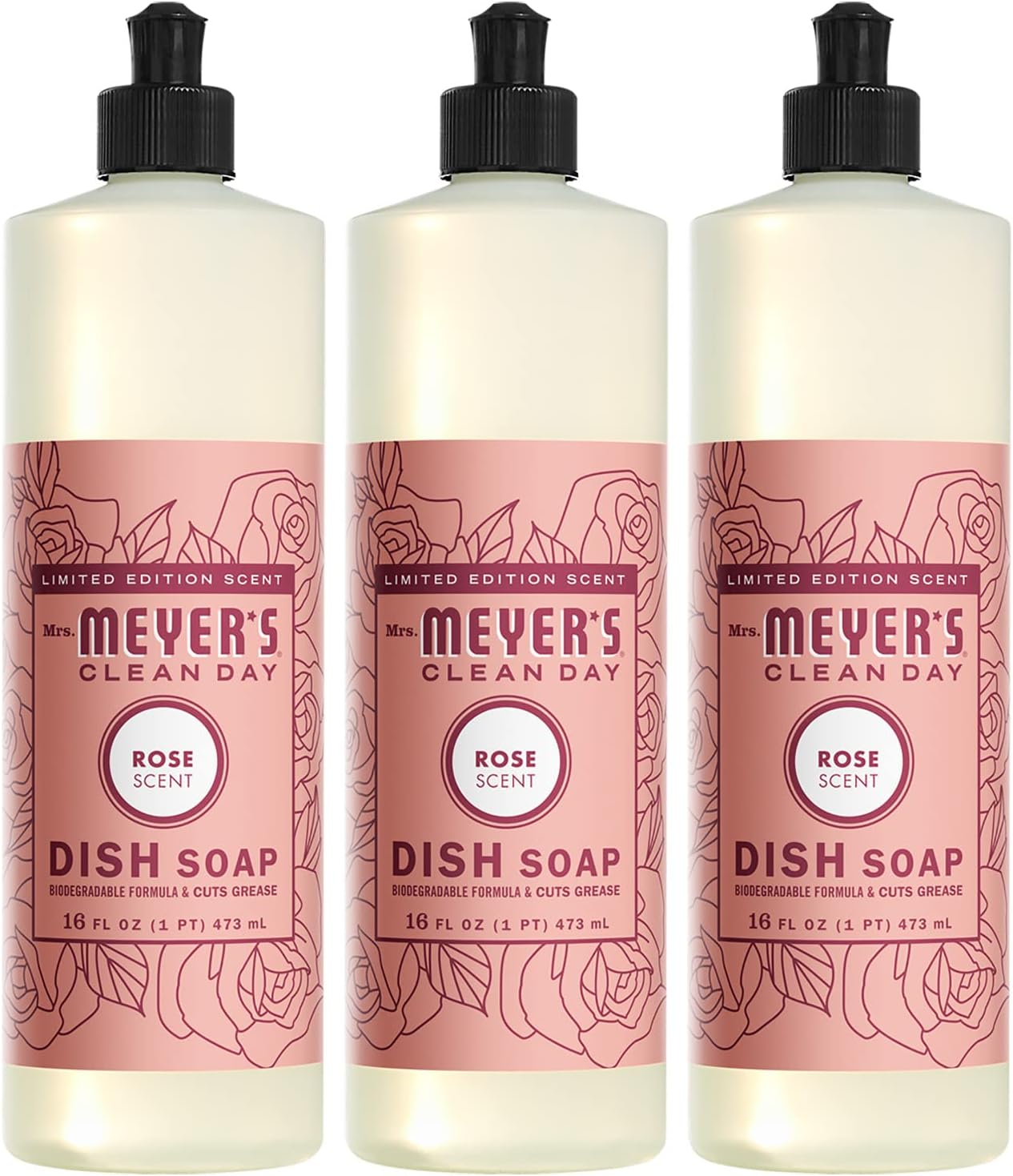 MRS. MEYER'S CLEAN DAY Liquid Dish Soap, Biodegradable Formula, Limited Edition Rose, 16 fl. oz - Pack of 3