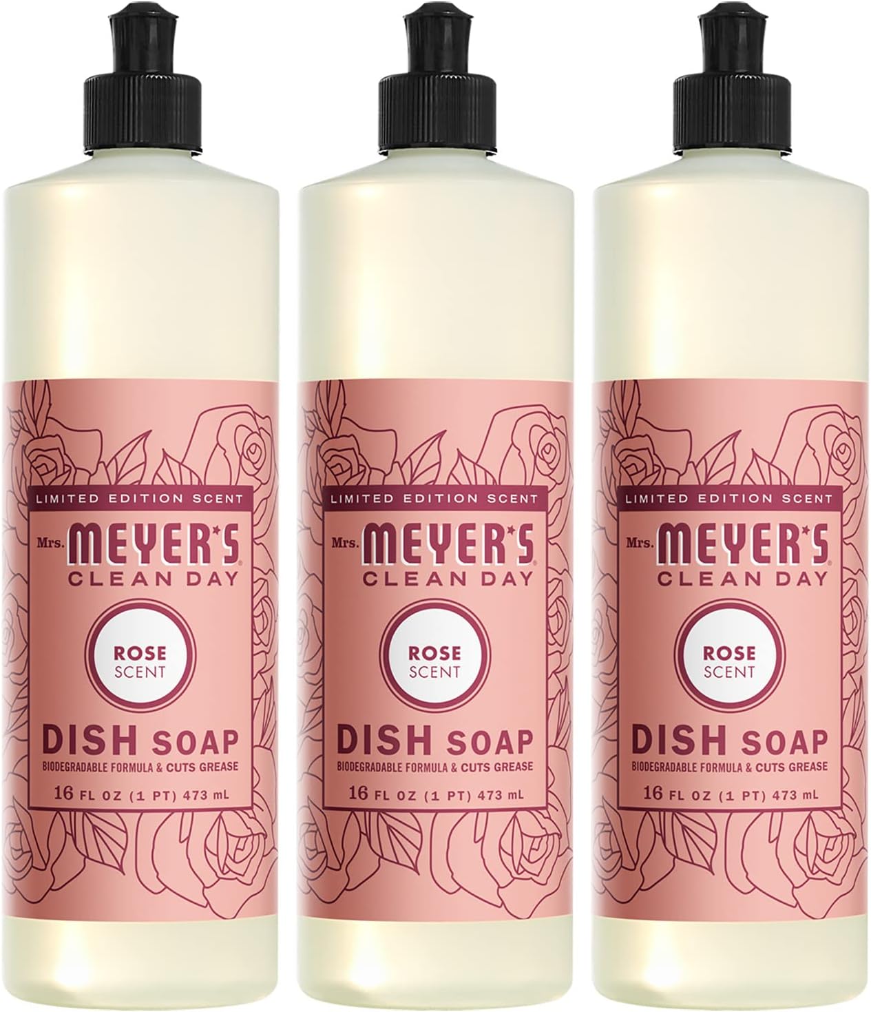 Mrs. Meyer'S Clean Day Liquid Dish Soap, Biodegradable Formula, Limited Edition Rose, 16 Fl. Oz - Pack Of 3
