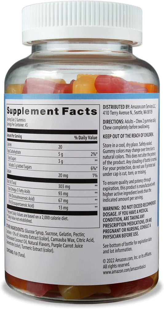 Amazon Basics Fish Oil 303 Mg, Lemon, Orange & Strawberry-Banana Flavors, 90 Gummies (2 Per Serving), Epa And Dha Omega-3 Fatty Acids (Previously Solimo)